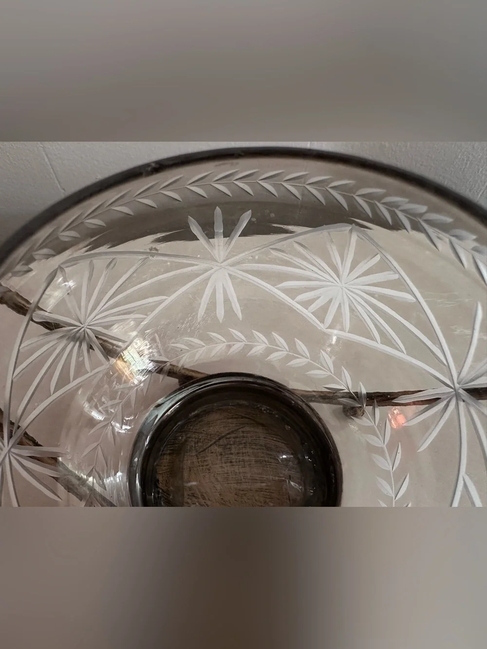 Etched Glass Globe With Distressed Brass Hoop Frame - Candle Holder or Planter